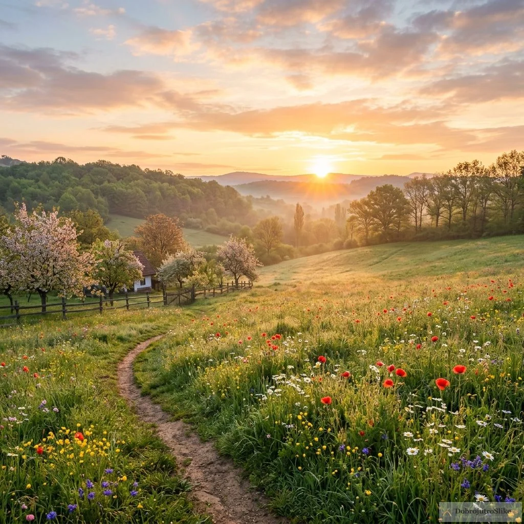 Veseli izlazak sunca obasjava mirno prolećno jutro.