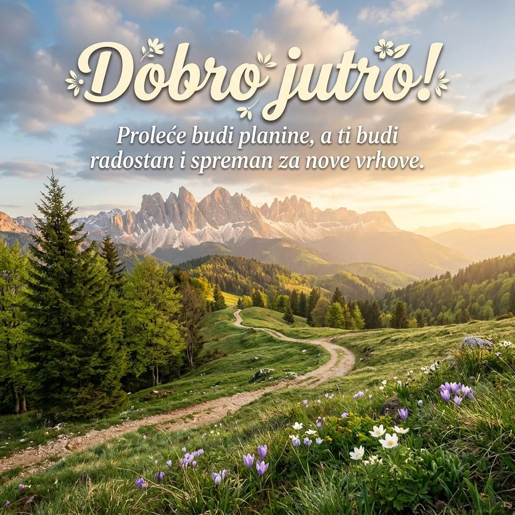 Slika prolećnih planina obasjanih jutarnjim suncem, sa veselom atmosferom.