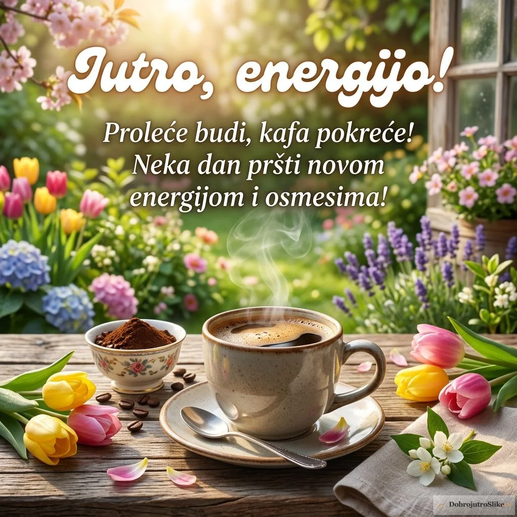 Šolja kafe na sunčanom prolećnom jutru, energično raspoloženje.