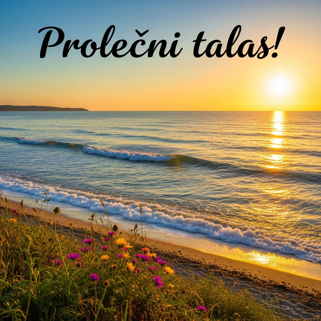 Energično prolećno jutro uz more, sunce obasjava talase.