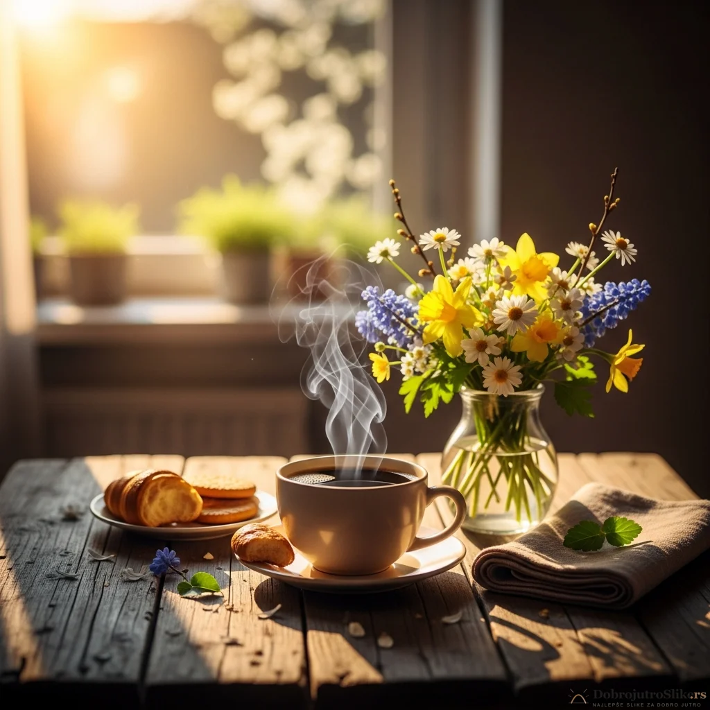 Vesela šolja kafe na stolu sa prolećnim detaljima, jutarnja svetlost.