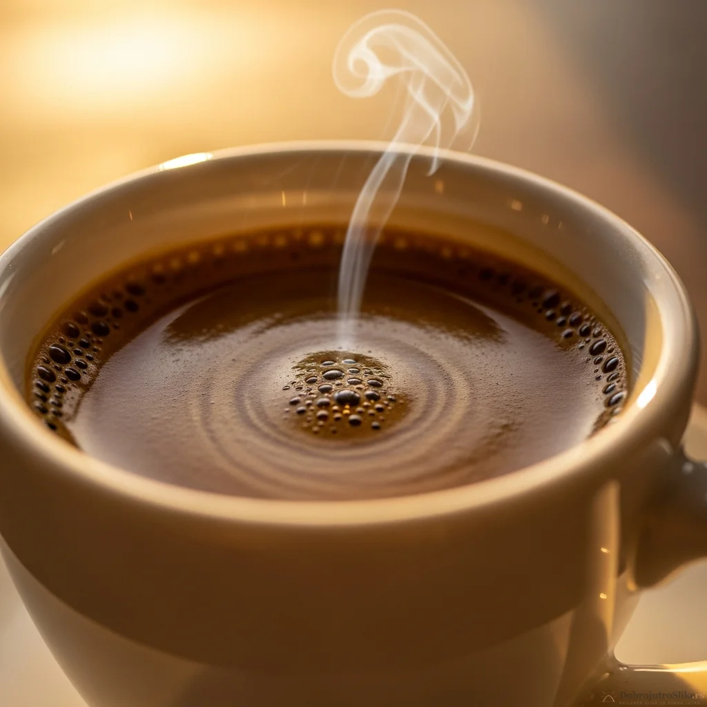 Šoljica espreso kafe sa morskom pozadinom tokom sunčanog letnjeg jutra.