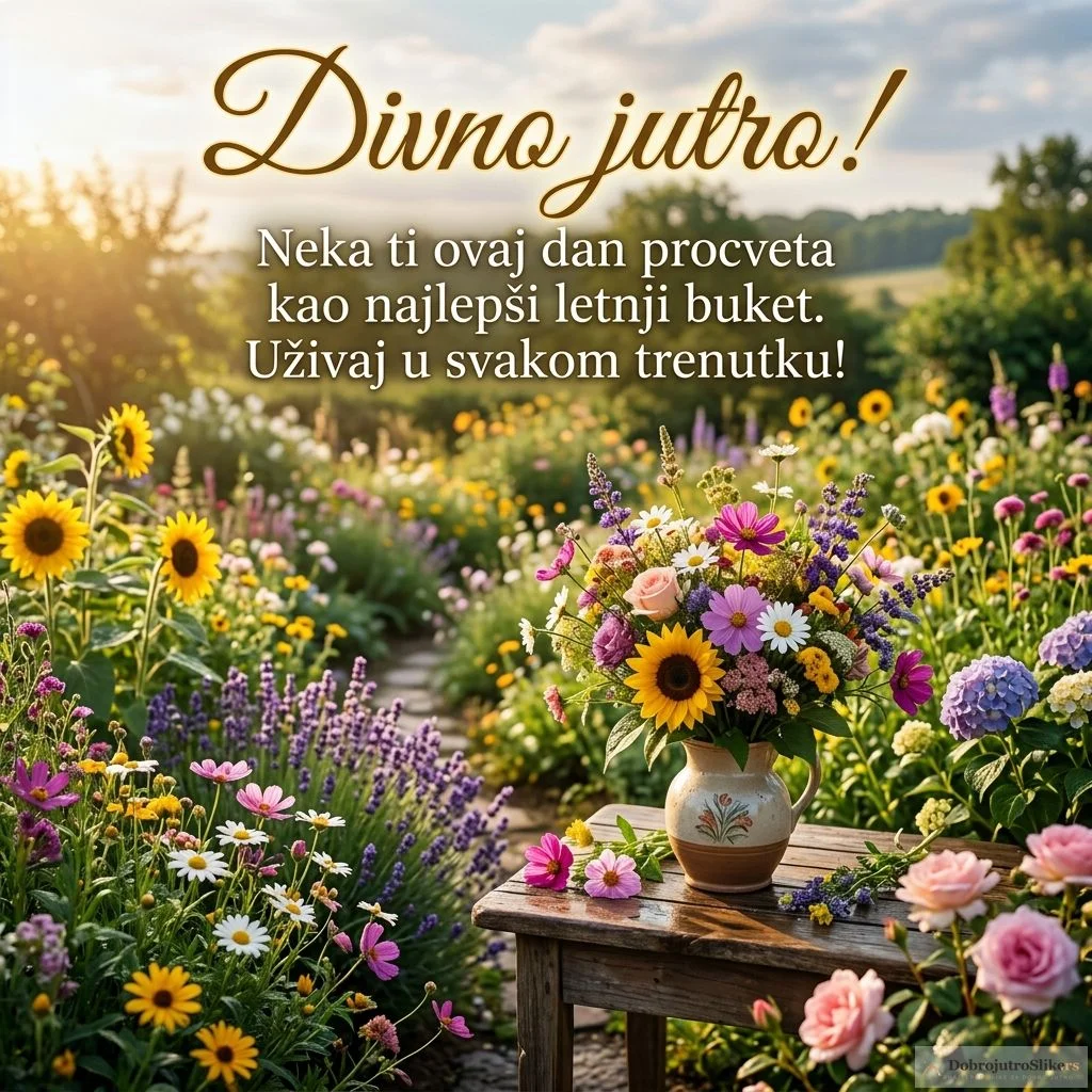 Prelepo letnje cveće u punom cvatu, sa veselim pozdravom za dobro jutro.