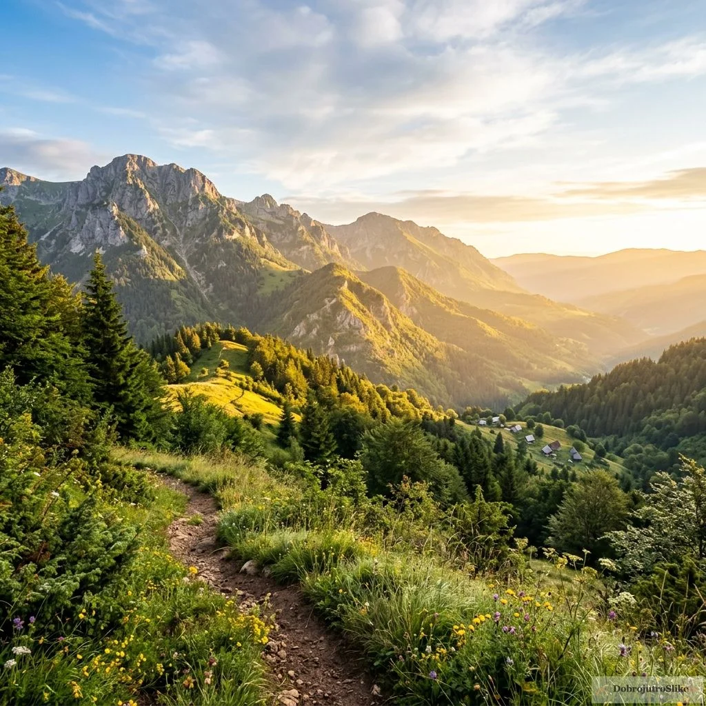Letnje jutro na planinama sa toplim suncem i energičnom atmosferom.