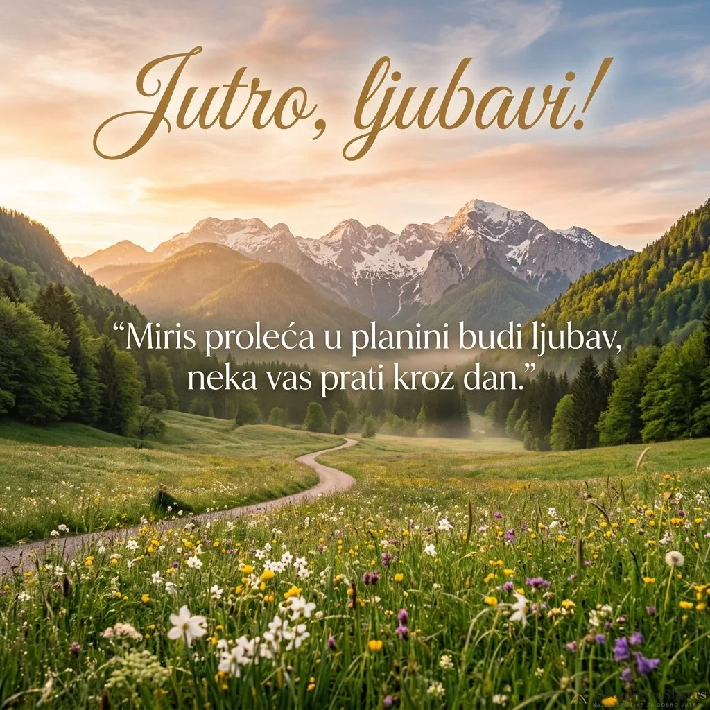 Prolećno jutro u planinama, romantičan i miran prizor izlazećeg sunca.