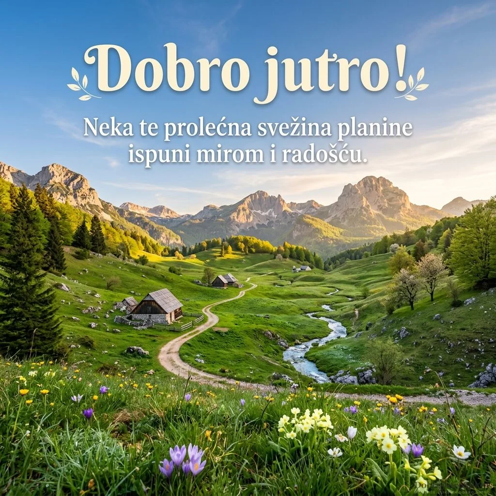 Prelepa slika prolećnog jutra sa planinama, vedrim nebom i zelenilom.