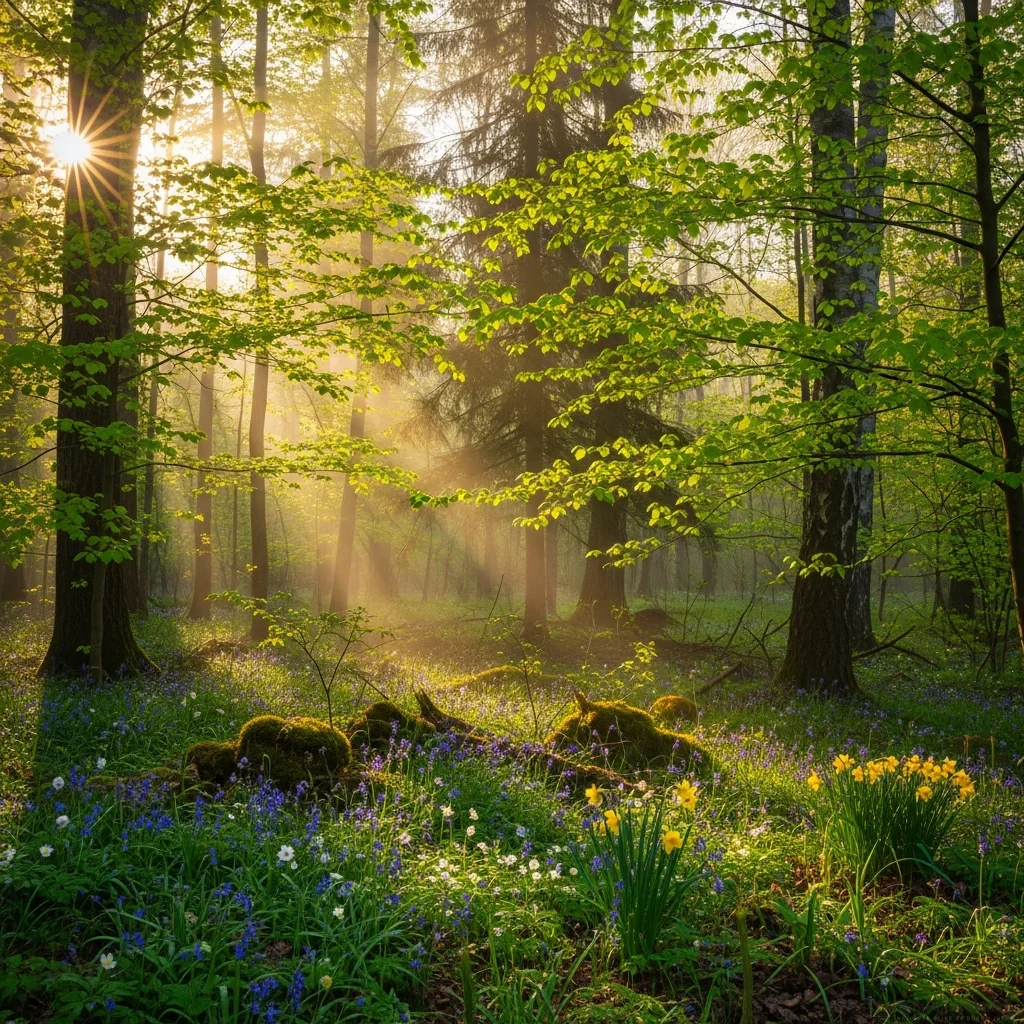 Slika prolećne prirode, veselog i mirnog jutra, ispunjenog suncem.