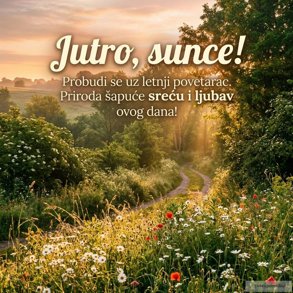 Romantična i vesela letnja scena prirode sa jutarnjim suncem i bujnim zelenilom.