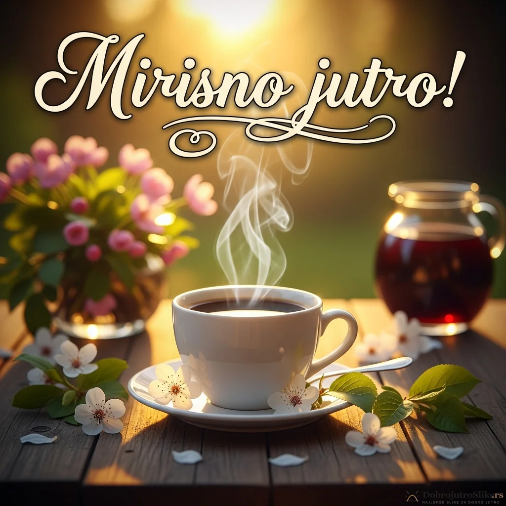 Šolja kafe u toploj prolećnoj atmosferi sa cvetnim detaljima.