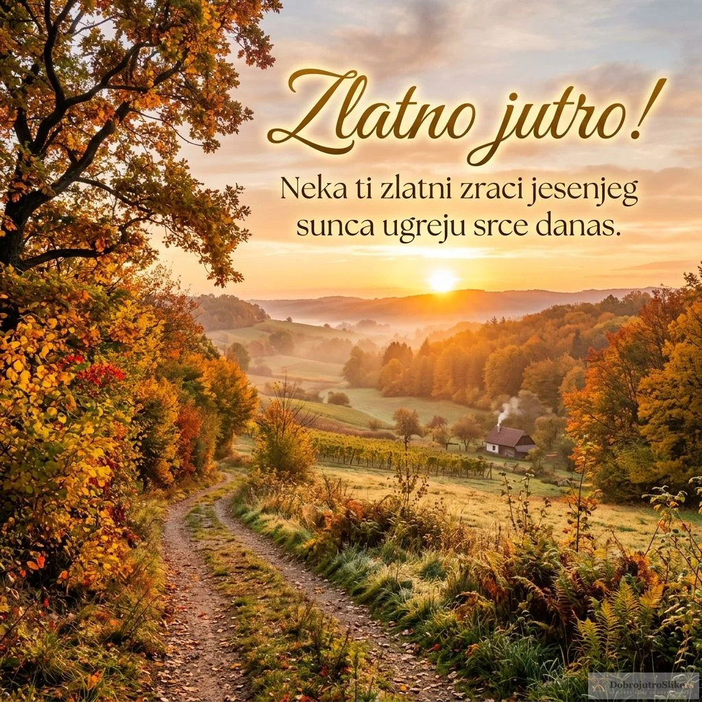 Izlazak sunca obasjava jesenji pejzaž, stvarajući toplu i veselu atmosferu.