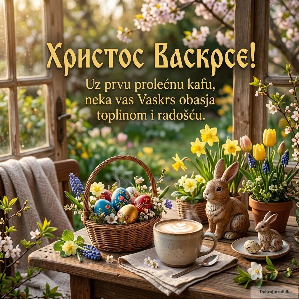 Šarena uskršnja jaja i slatki zečevi uz šolju tople kafe.