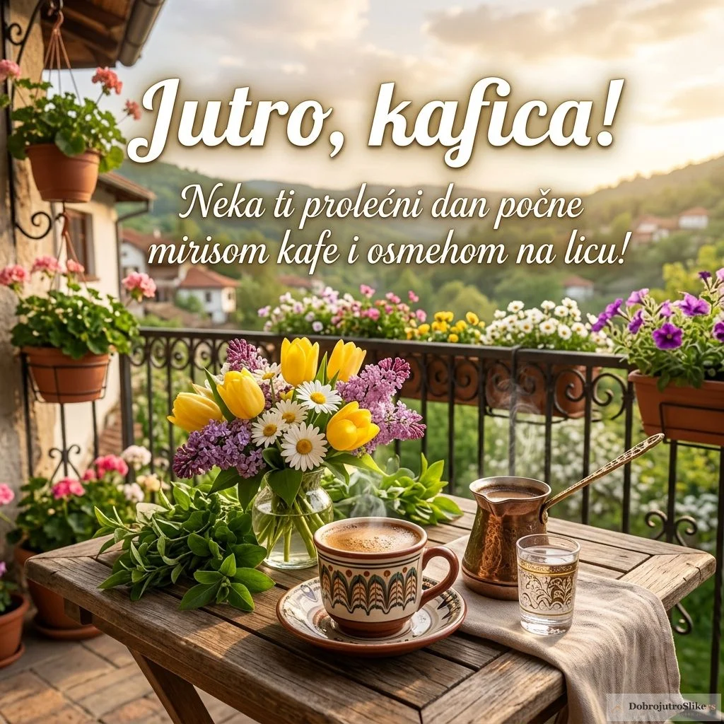 Vesela šoljica kafe na prolećnoj pozadini sa cvećem.