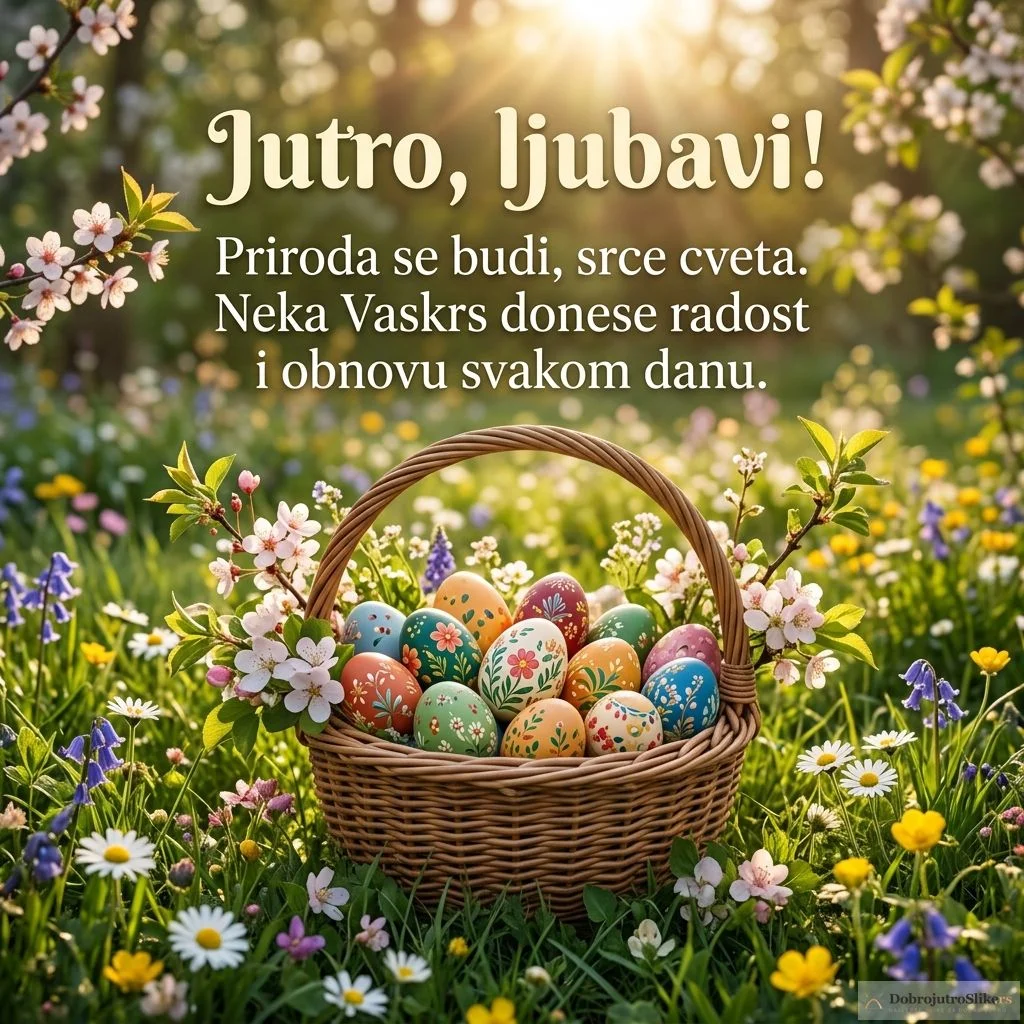 Vesela uskršnja jaja u gnezdu sa prolećnim cvećem.