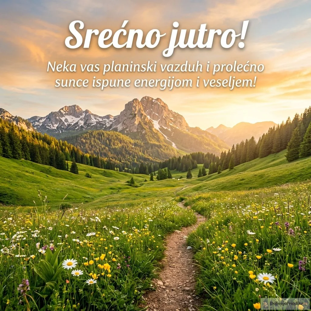 Veselo prolećno jutro, sunce obasjava zelene planine pod plavim nebom.
