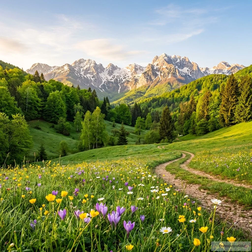 Prelepe prolećne planine obasjane suncem, sa veselom i svežom atmosferom.
