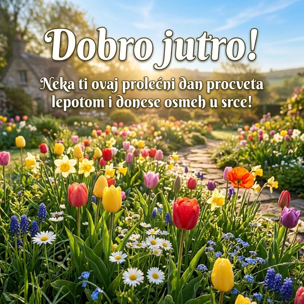Prelepa slika dobro jutro sa veselim prolećnim cvećem u punom cvatu.