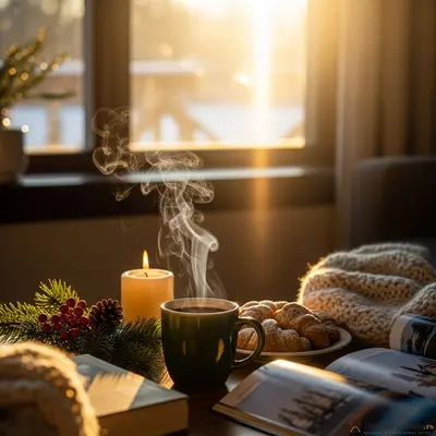 Šoljica tople domaće kafe koja se puši, na stolu, tokom zimskog Božićnog jutra.