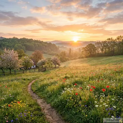 Veseli izlazak sunca obasjava mirno prolećno jutro.