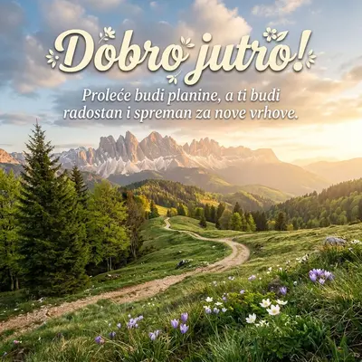 Slika prolećnih planina obasjanih jutarnjim suncem, sa veselom atmosferom.