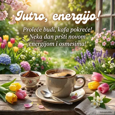 Šolja kafe na sunčanom prolećnom jutru, energično raspoloženje.