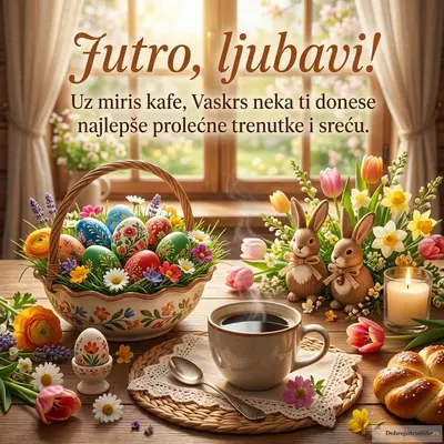Vaskršnja jaja, veseli zečevi i šoljica jutarnje kafe.