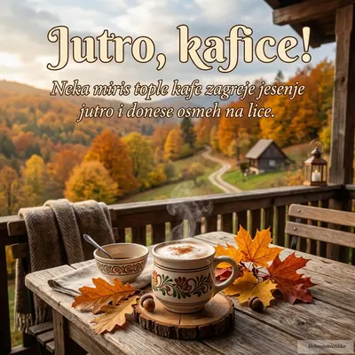 Vesela jesenja scena sa šoljicom kafe i toplim bojama.