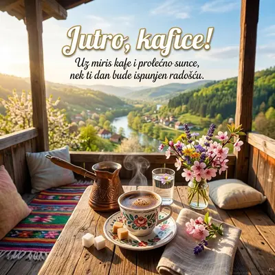 Prelepa šoljica kafe u prolećnom jutru, vesela atmosfera.