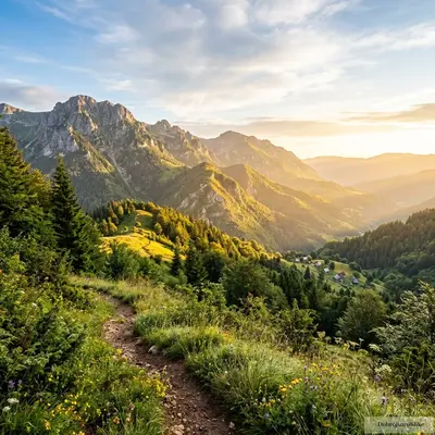 Letnje jutro na planinama sa toplim suncem i energičnom atmosferom.