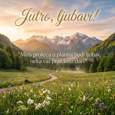 Prolećno jutro u planinama, romantičan i miran prizor izlazećeg sunca.