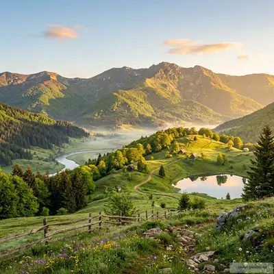 Mirno prolećno jutro, prelepe planine obasjane suncem.