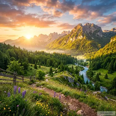 Prelepa slika planina pod letnjim suncem sa energičnom atmosferom. Dobro jutro!