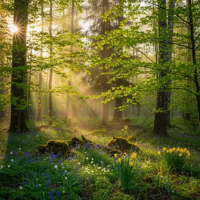 Slika prolećne prirode, veselog i mirnog jutra, ispunjenog suncem.