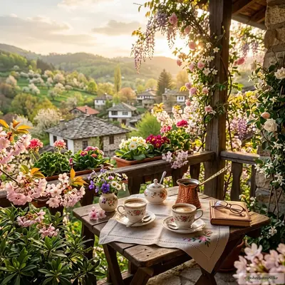 Šoljica kafe u nežnim prolećnim tonovima, ispunjena romantikom i vedrinom.