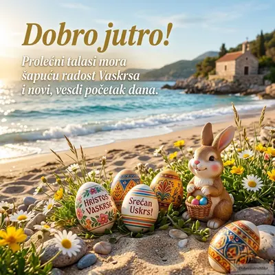 Šarena uskršnja jaja pored slatkih zečeva, prolećna atmosfera.
