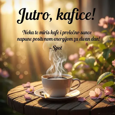 Šoljica tople kafe u prolećnom, energičnom ambijentu za dobro jutro.