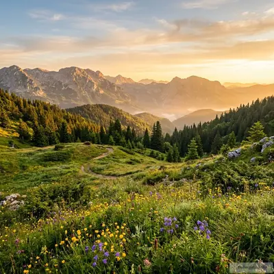 Idilično letnje jutro na planini sa toplom atmosferom.