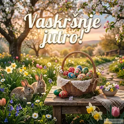 Romantična slika vaskršnjih jaja i zečeva u prolećnom ambijentu.