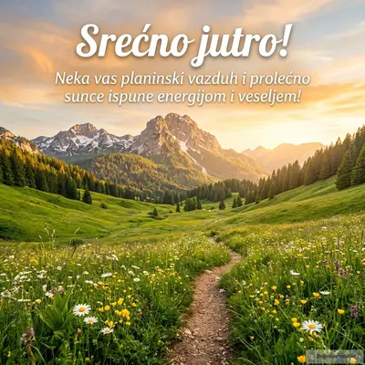 Veselo prolećno jutro, sunce obasjava zelene planine pod plavim nebom.