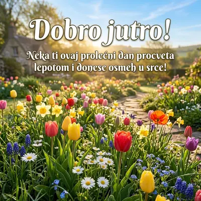 Prelepa slika dobro jutro sa veselim prolećnim cvećem u punom cvatu.